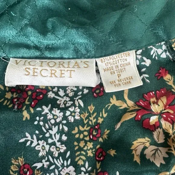 Vintage Gold Label VS Green Floral Satin Nightshirt Robe Quilted Collar (P)
